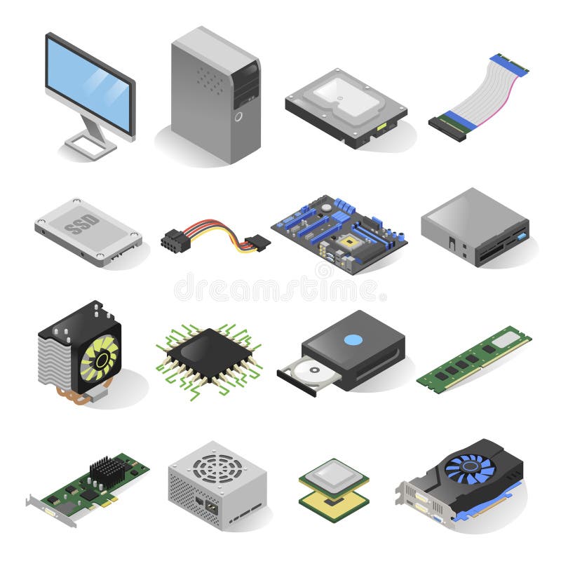 Computer parts isometric set. Inside the computer case hardware elements, hard disk drive, motherboard, video card components. Computer parts isometric set. Inside the computer case hardware elements, hard disk drive, motherboard, video card components