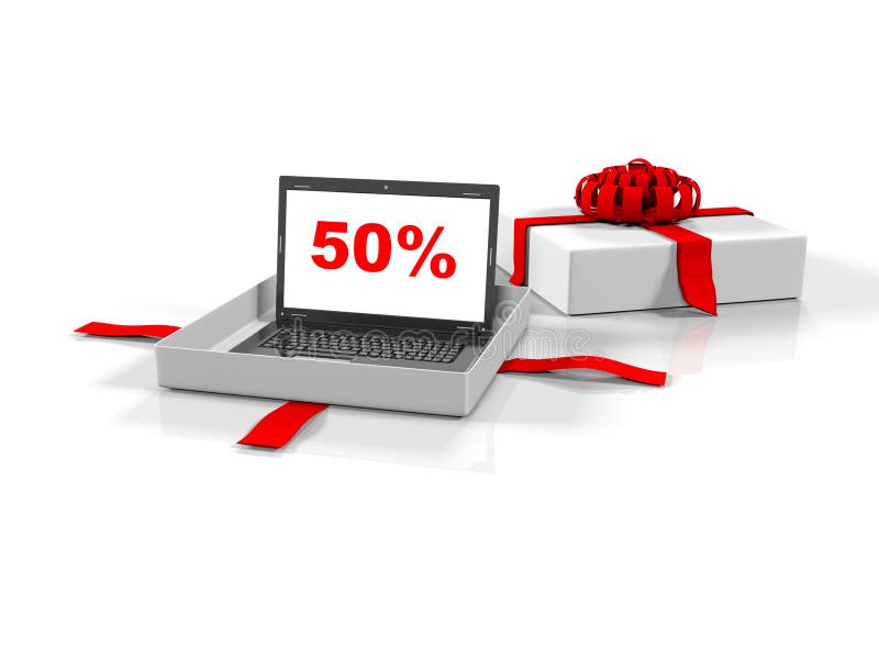 El ordenador portátil en una caja de regalo con el 50 por ciento de la imagen en el fondo blanco de la pantalla, 3d rinde stock de ilustración El ordenador portátil en una caja de regalo con el 50 por ciento de la imagen en el fondo blanco de la pantalla, 3d rinde stock de ilustración