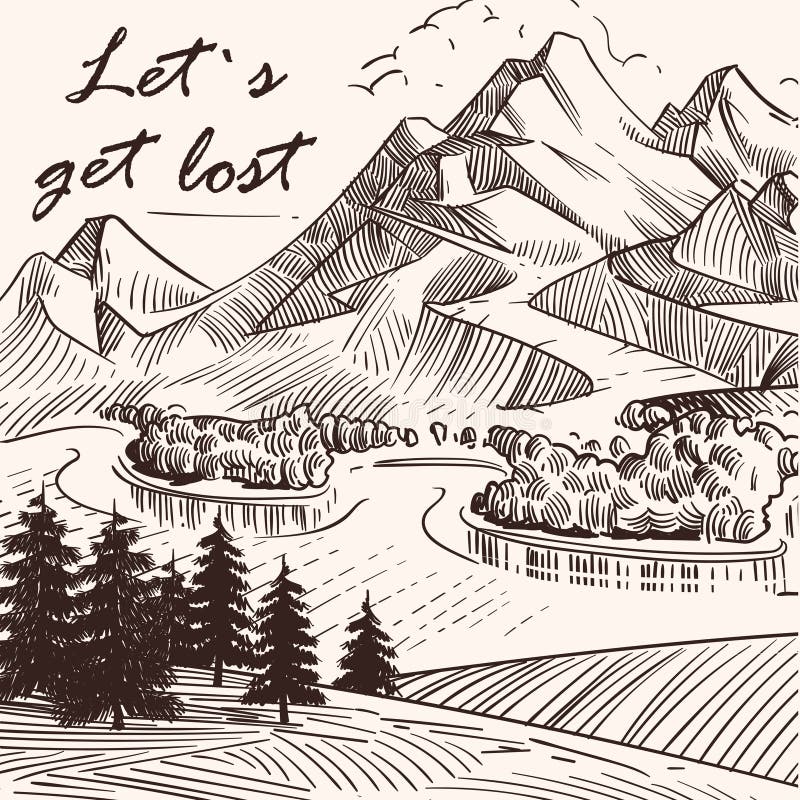 El paisaje bosquejado mano Lets de la montaña consigue perdido ilustración del vector El paisaje bosquejado mano Lets de la montaña consigue perdido ilustración del vector