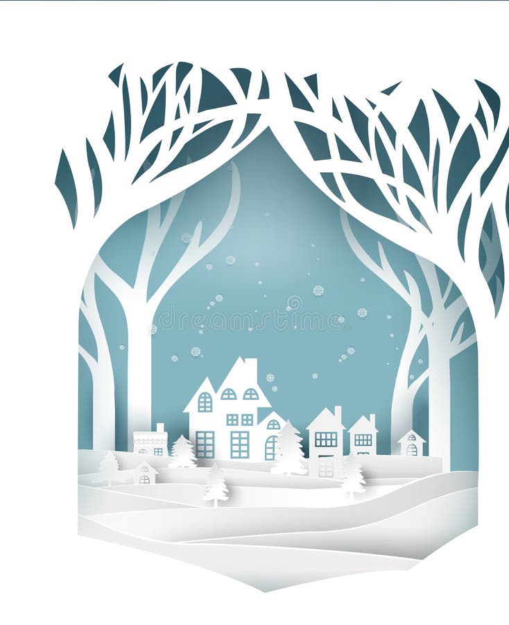 El paisaje de papel del arte de la Navidad y la Feliz Año Nuevo con el árbol y la casa diseñan Vector libre illustration El paisaje de papel del arte de la Navidad y la Feliz Año Nuevo con el árbol y la casa diseñan Vector libre illustration