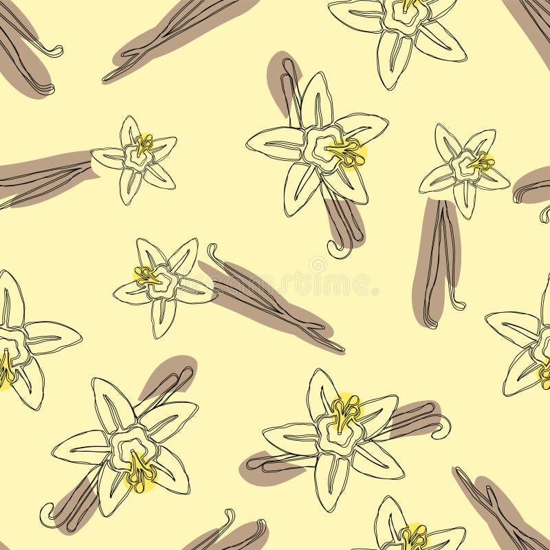 El palillo y la flor de la vainilla dan el modelo inconsútil exhausto Ejemplo del flor de la vainilla del sabor stock de ilustración