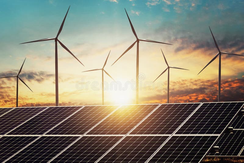 el panel solar del concepto del poder de la energía limpia con la turbina y la puesta del sol de viento