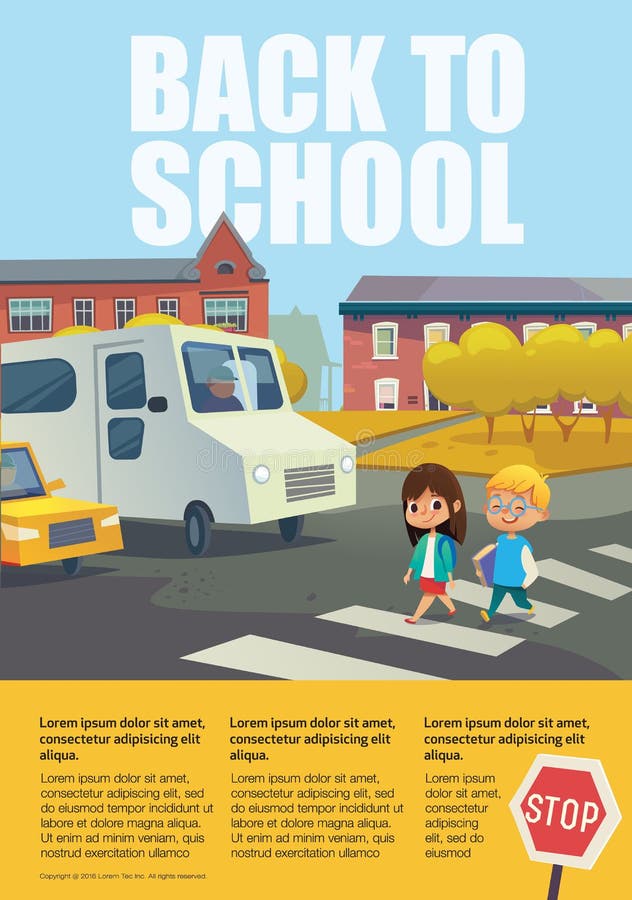 El par de escuela alegre embroma caminar a través del paso de cebra delante de los coches parados contra árboles y edificios ence stock de ilustración El par de escuela alegre embroma caminar a través del paso de cebra delante de los coches parados contra árboles y edificios ence stock de ilustración