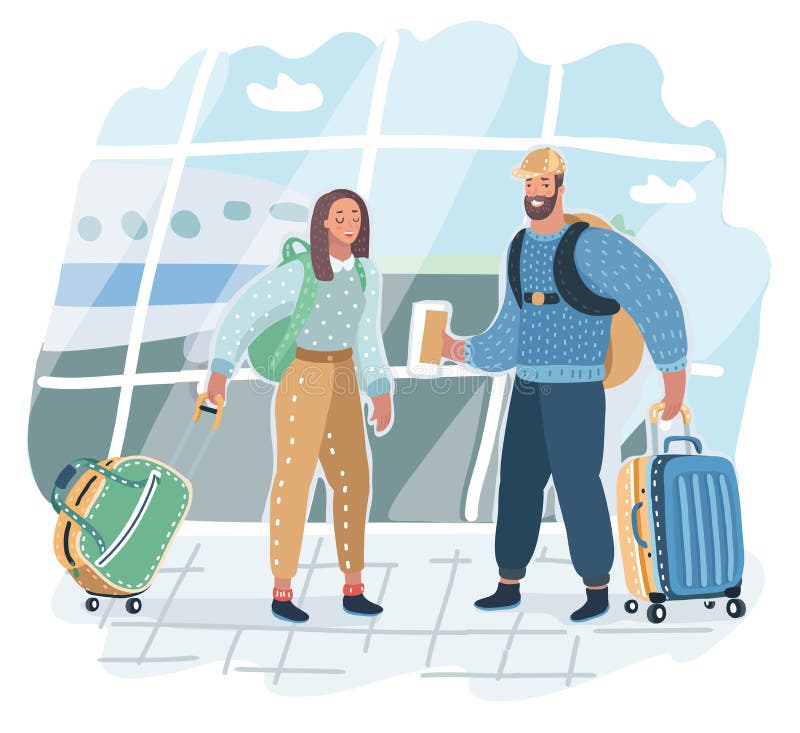 El par joven se está colocando en aeropuerto ilustración del vector El par joven se está colocando en aeropuerto ilustración del vector