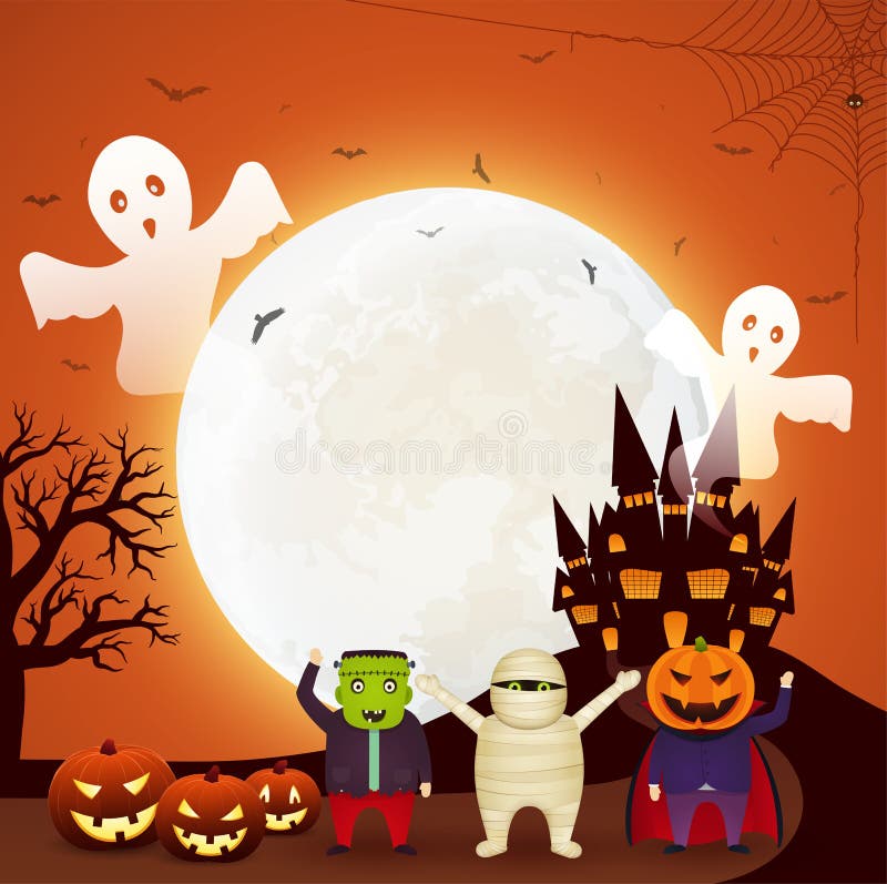 El partido de la diversión de Halloween con los niños se vistió en disfraces de Halloween, calabazas, fantasmas que volaban y cas libre illustration El partido de la diversión de Halloween con los niños se vistió en disfraces de Halloween, calabazas, fantasmas que volaban y cas libre illustration