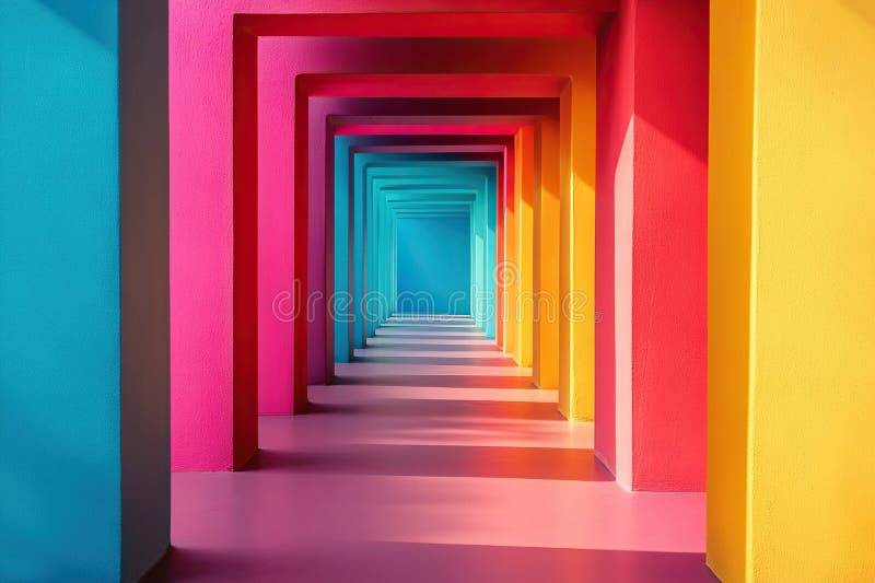 El pasillo luminoso de los arcos multicolores. Modelo interior de color. Generado por inteligencia artificial