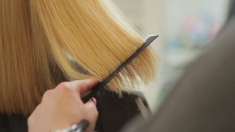 El peluquero esquila a una mujer con el pelo rubio largo Primer del corte de pelo