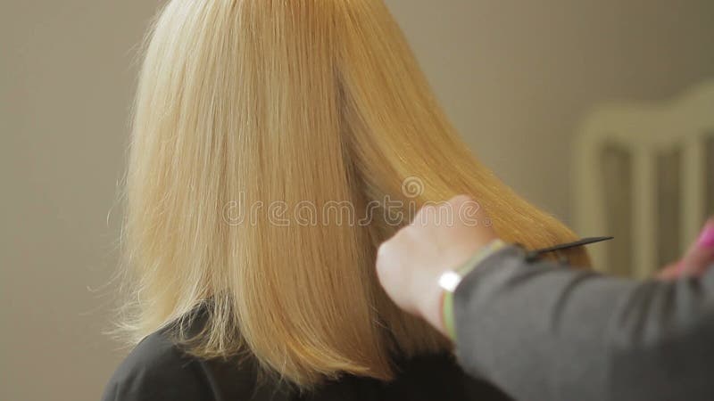 El peluquero esquila a una mujer con el pelo rubio largo Primer del corte de pelo