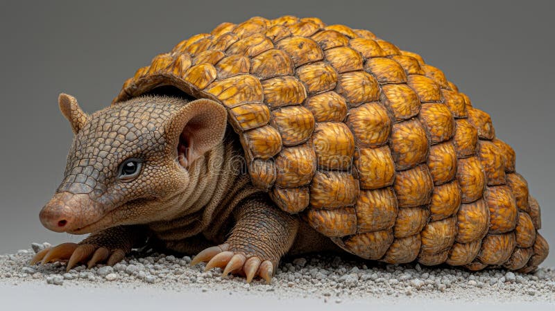 El pequeño armadillo de bebé se enrosca ligeramente sobre fondo neutro su cáscara gris rosáceo formándose suavemente. Reposo de ga imagen de archivo