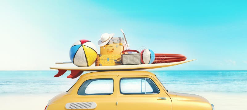 El pequeño coche retro con el equipo del equipaje, del equipaje y de la playa en el tejado, lleno completamente, alista para las