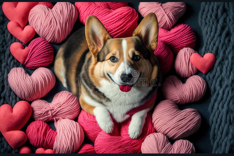 El Perro Corgi Yace En El Suelo En Una Variedad De Corazones. Ai ...