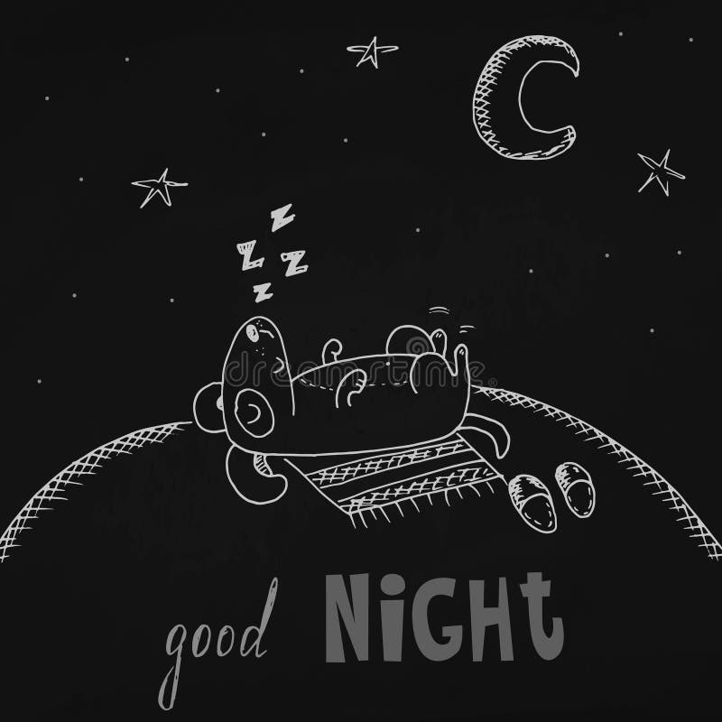  El Perro Precioso De La Animación Duerme En Fondo Negro Tarjeta De Las Buenas Noches Ilustración del Vector