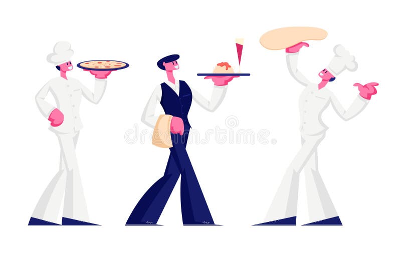 El personal del restaurante de fondo blanco Jefes en Toque presentando y cocinando pizza, mostrador de agua con plato stock de ilustración El personal del restaurante de fondo blanco Jefes en Toque presentando y cocinando pizza, mostrador de agua con plato stock de ilustración