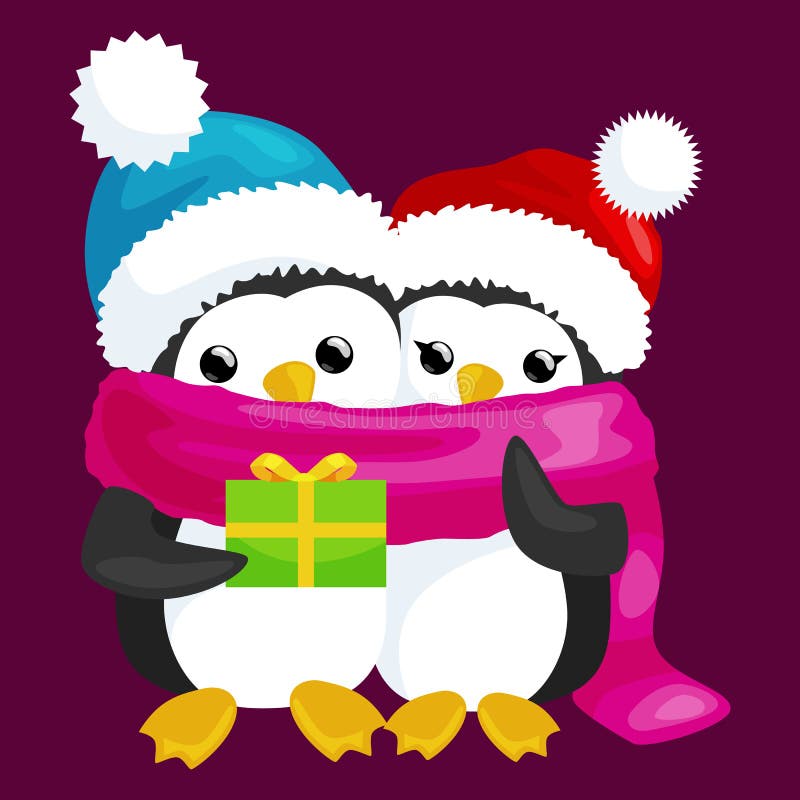 El pingüino lindo feliz de la Navidad dos en sombrero y la bufanda son una pila de regalos ilustración del vector El pingüino lindo feliz de la Navidad dos en sombrero y la bufanda son una pila de regalos ilustración del vector