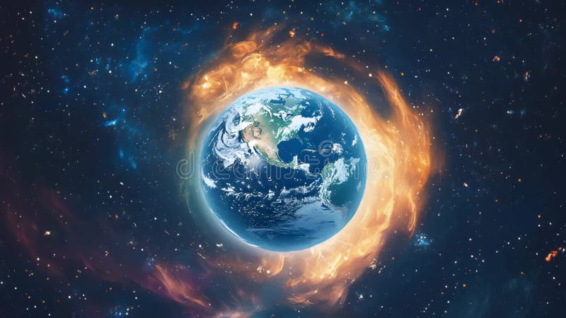 El planeta en el espacio. El movimiento del fuego y las energías lo adoptan. Concepto de calentamiento del planeta y cambio climát ilustración del vector