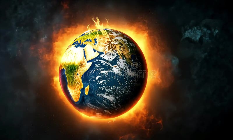 El planeta Tierra envuelto en encendidas llamas, una representación simbólica del calentamiento global y el cambio climático stock de ilustración