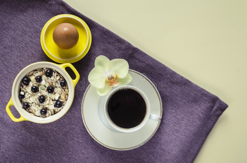 El plano pone en una harina de avena en un pote amarillo, muesli con los arándanos frescos, huevo, americano de la bandeja del ca fotos de archivo El plano pone en una harina de avena en un pote amarillo, muesli con los arándanos frescos, huevo, americano de la bandeja del ca fotos de archivo