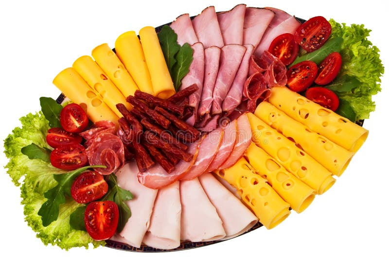 El Plato Con El Jamón Rebanado, Queso, Salami Rueda. Imagen de archivo