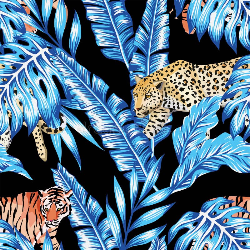 El plátano azul sale leopardo del tigre del fondo negro inconsútil ilustración del vector El plátano azul sale leopardo del tigre del fondo negro inconsútil ilustración del vector