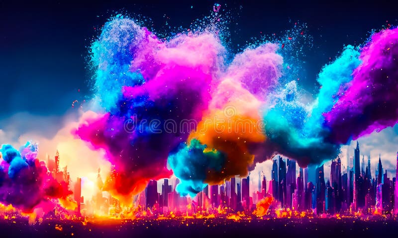 El polvo colorido crea una explosión mágica y un paisaje urbano futurista stock de ilustración
