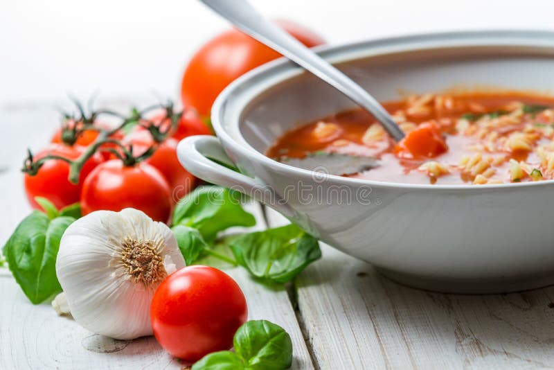 El primer en la sopa del tomate hizo el ajo y la albahaca del ââof fotos de archivo El primer en la sopa del tomate hizo el ajo y la albahaca del ââof fotos de archivo