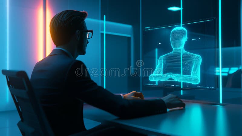 El profesional del negocio interactúa con el chatbot holográfico en la oficina futurista. IA generativa libre illustration