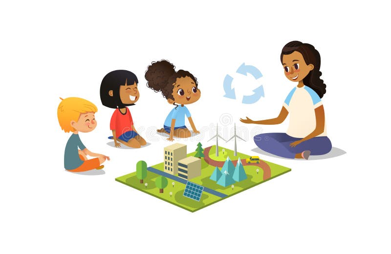 El profesor de sexo femenino discute la Verde-ciudad de la ecología usando el paisaje modelo, los niños se sientan en piso en cír ilustración del vector El profesor de sexo femenino discute la Verde-ciudad de la ecología usando el paisaje modelo, los niños se sientan en piso en cír ilustración del vector