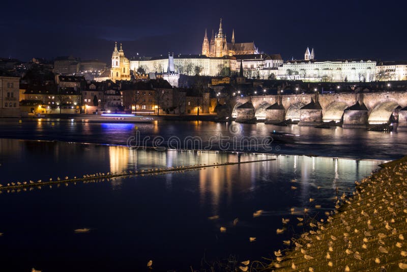 El puente y Hradcany de Praga Charles se escudan en la noche fotografía de archivo libre de regalías El puente y Hradcany de Praga Charles se escudan en la noche fotografía de archivo libre de regalías