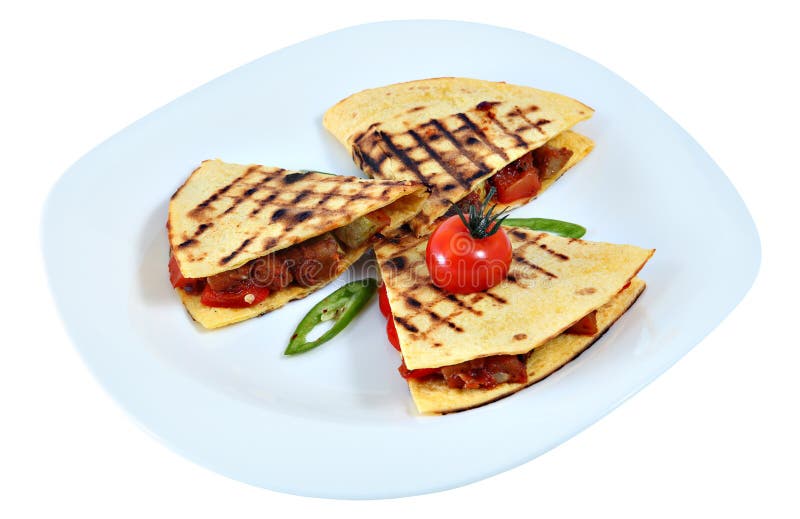 El quesadilla del pollo, tres dobló la tortilla con el relleno, mexicano foto de archivo El quesadilla del pollo, tres dobló la tortilla con el relleno, mexicano foto de archivo