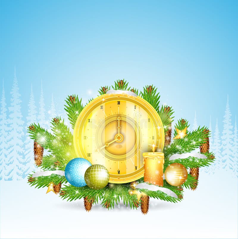 El reloj con las velas se coloca en ramas de árbol nevosas de abeto Elemento brillante de la Navidad en paisaje del bosque libre illustration El reloj con las velas se coloca en ramas de árbol nevosas de abeto Elemento brillante de la Navidad en paisaje del bosque libre illustration
