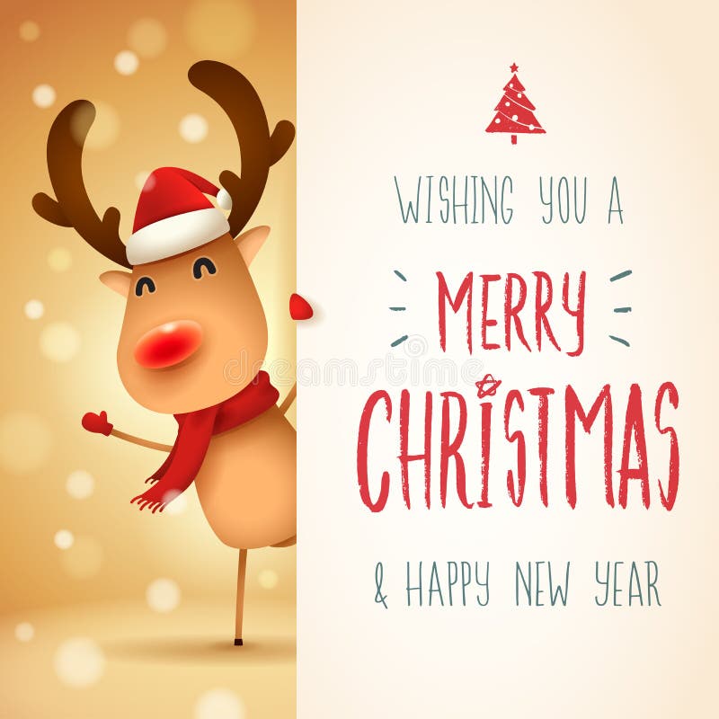 El reno con la nariz roja con el letrero grande Diseño de letras de la caligrafía de la Feliz Navidad libre illustration El reno con la nariz roja con el letrero grande Diseño de letras de la caligrafía de la Feliz Navidad libre illustration