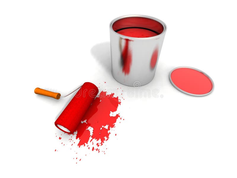 El rodillo de pintura, pintura roja puede y el salpicar