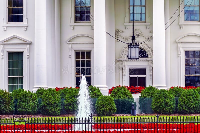 El rojo de la puerta de la Casa Blanca florece el lavado de la avenida de Pennsylvania fotografía de archivo El rojo de la puerta de la Casa Blanca florece el lavado de la avenida de Pennsylvania fotografía de archivo