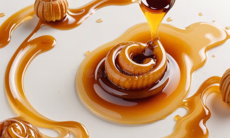El rosquero recubierto de caramelo está rodeado de goteo de caramelo que crea un postre visualmente atractivo y apetitoso. La imagen representa una escena de postres con salsa de caramelo sobre un postre de chocolate. el postre es una bola de chocolate retorcida y la salsa de caramelo está dando lugar a una sensación de movimiento y dinamismo. el fondo es una superficie blanca que contrasta con los ricos colores del caramelo y el chocolate. el uso de colores cálidos como el naranja o el marrón contribuye a la calidez y el confort del lugar. la imagen destaca las texturas y los patrones creados por el caramelo y el chocolate. las emociones o las acciones que se están mostrando incluyen la indulgencia y el disfrute del postre, así como la cuidada presentación del plato. la imagen también incluye una cuchara que se utiliza para deslizar la salsa de caramelo sobre el postre, haciendo hincapié en la preparación y presentación de los postres.