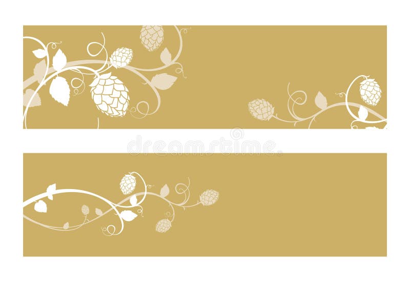 Stylized hop flowers composition, gold banner set. Stylized hop flowers composition, gold banner set.