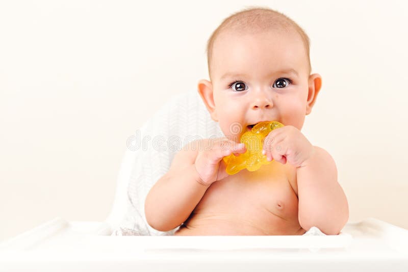 El sentarse que muerde del niño infantil lindo del bebé en highchair y masticación de atención sanitaria mínima brillante eething foto de archivo El sentarse que muerde del niño infantil lindo del bebé en highchair y masticación de atención sanitaria mínima brillante eething foto de archivo