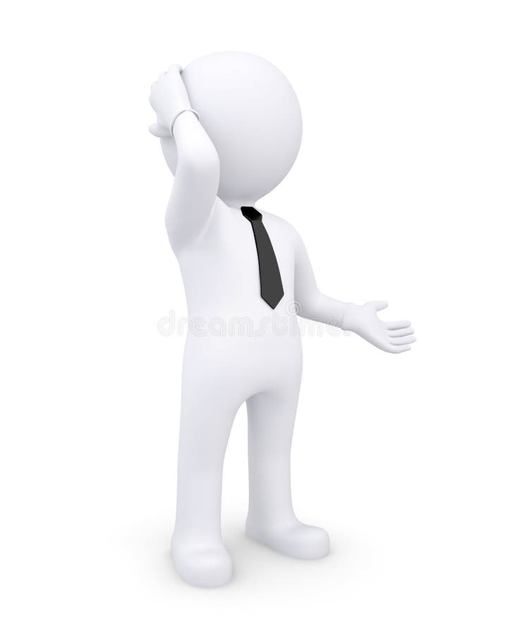 Representación 3D de un humano blanco pensativo con la mano en la cabeza stock de ilustración