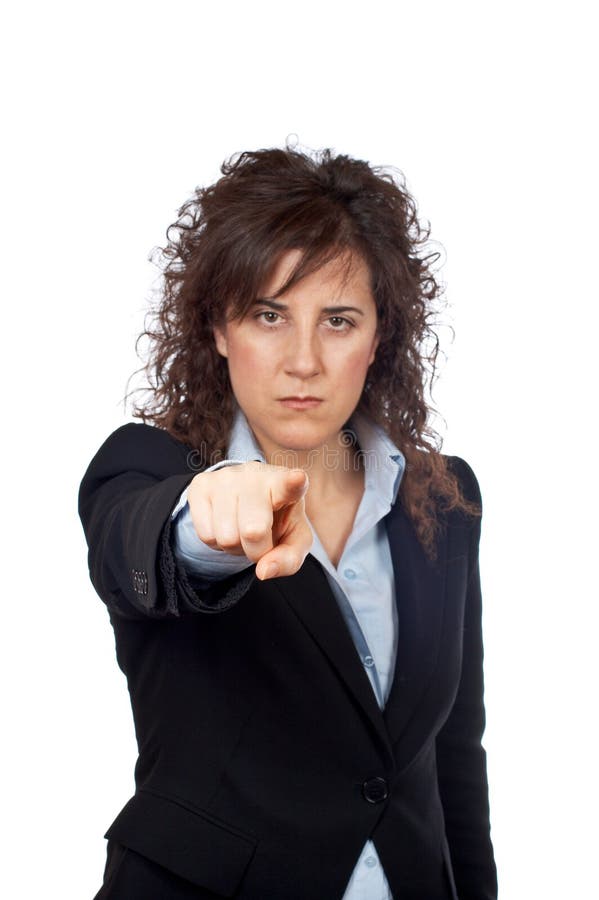 Serious business woman pointing by finger on white background. Finger on focus. Serious business woman pointing by finger on white background. Finger on focus