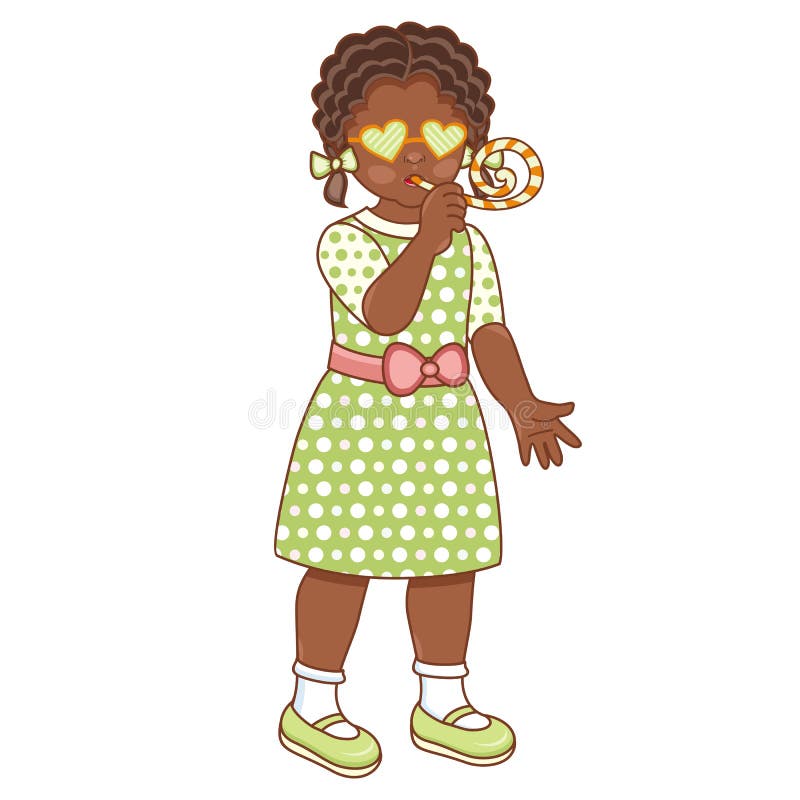 Vector flat african american black girl in summer dress, fancy heart glasses, with pigtails faving fun whistling. Isolated illustration, female child, kid character, white background. Vector flat african american black girl in summer dress, fancy heart glasses, with pigtails faving fun whistling. Isolated illustration, female child, kid character, white background