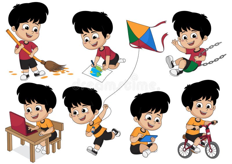 El sistema de actividad del niño, embroma barrer una hoja, pintando una imagen, playi stock de ilustración El sistema de actividad del niño, embroma barrer una hoja, pintando una imagen, playi stock de ilustración