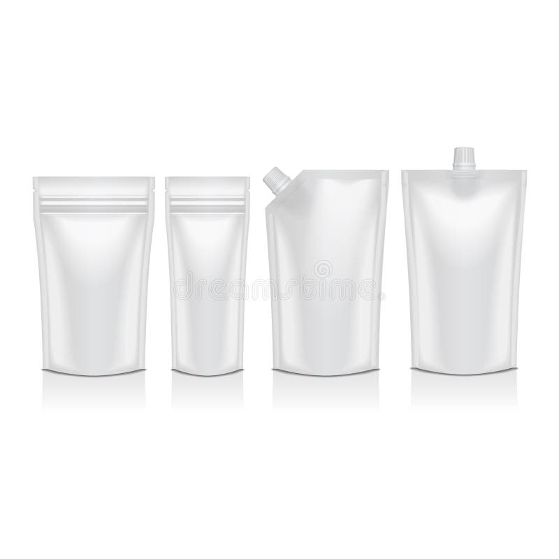 El sistema de doypack plástico en blanco se levanta la bolsa con el canalón Mofa del embalaje flexible para arriba para la comida ilustración del vector El sistema de doypack plástico en blanco se levanta la bolsa con el canalón Mofa del embalaje flexible para arriba para la comida ilustración del vector