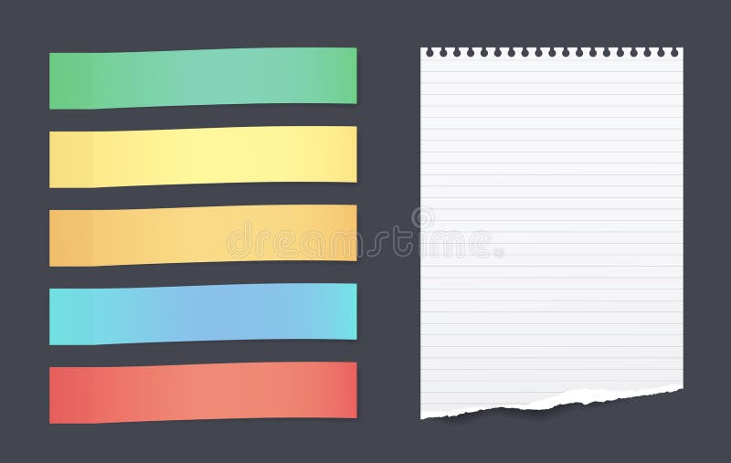 El sistema de notas pegajosas horizontales coloridas con la hoja de papel alineada rasgada para el texto se pegó en fondo negro ilustración del vector El sistema de notas pegajosas horizontales coloridas con la hoja de papel alineada rasgada para el texto se pegó en fondo negro ilustración del vector