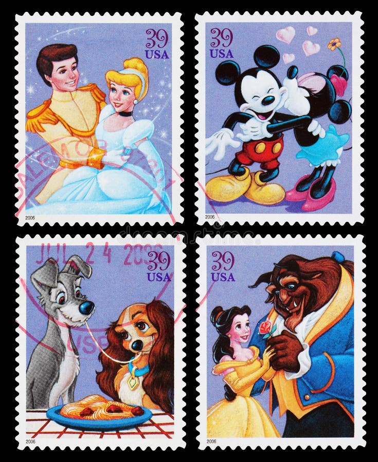 Set of Used Postage Stamps printed in the United States, showing the Disney Characters Mickey and Minnie Mouse, Cinderella and Prince Charming, Lady and the Tramp and Beauty and the Beast, circa 2006. Set of Used Postage Stamps printed in the United States, showing the Disney Characters Mickey and Minnie Mouse, Cinderella and Prince Charming, Lady and the Tramp and Beauty and the Beast, circa 2006