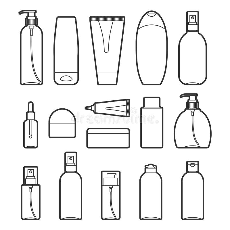 El sistema del cosmético del vector embotella la línea iconos del estilo ilustración del vector El sistema del cosmético del vector embotella la línea iconos del estilo ilustración del vector