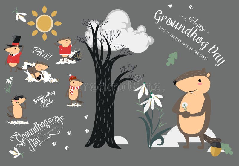 El sistema feliz del día de la marmota, marmota linda en cilindro sostiene la flor - snowdrop blanco, predicción del tiempo, anim stock de ilustración El sistema feliz del día de la marmota, marmota linda en cilindro sostiene la flor - snowdrop blanco, predicción del tiempo, anim stock de ilustración