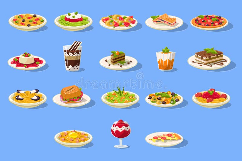 El sistema grande de la comida, cusine italiano sirve la pizza, pastas y los postres vector el ejemplo ilustración del vector El sistema grande de la comida, cusine italiano sirve la pizza, pastas y los postres vector el ejemplo ilustración del vector