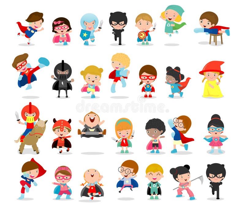 El sistema grande de la historieta de super héroes del niño que llevaban los trajes de los tebeos, niños con los trajes del super