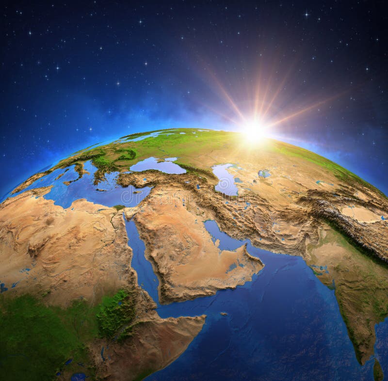 El Sol Brilla Por Medio Oriente Desde El Espacio Stock de ilustración