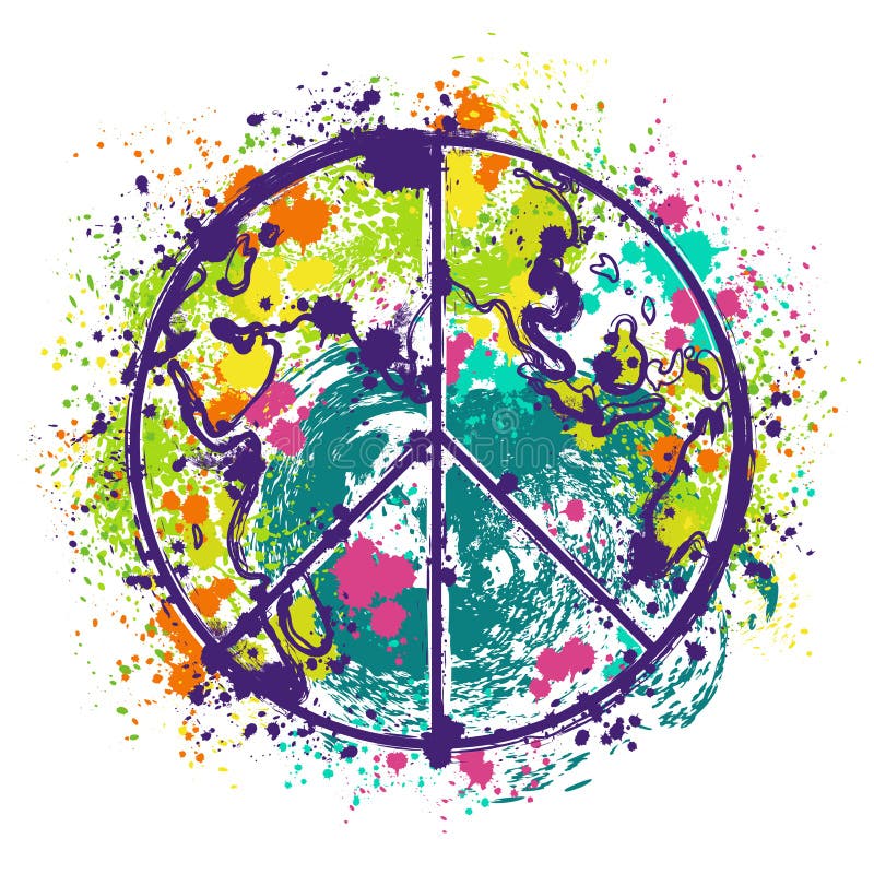 El símbolo de paz del hippie en fondo del globo de la tierra con salpica en estilo de la acuarela