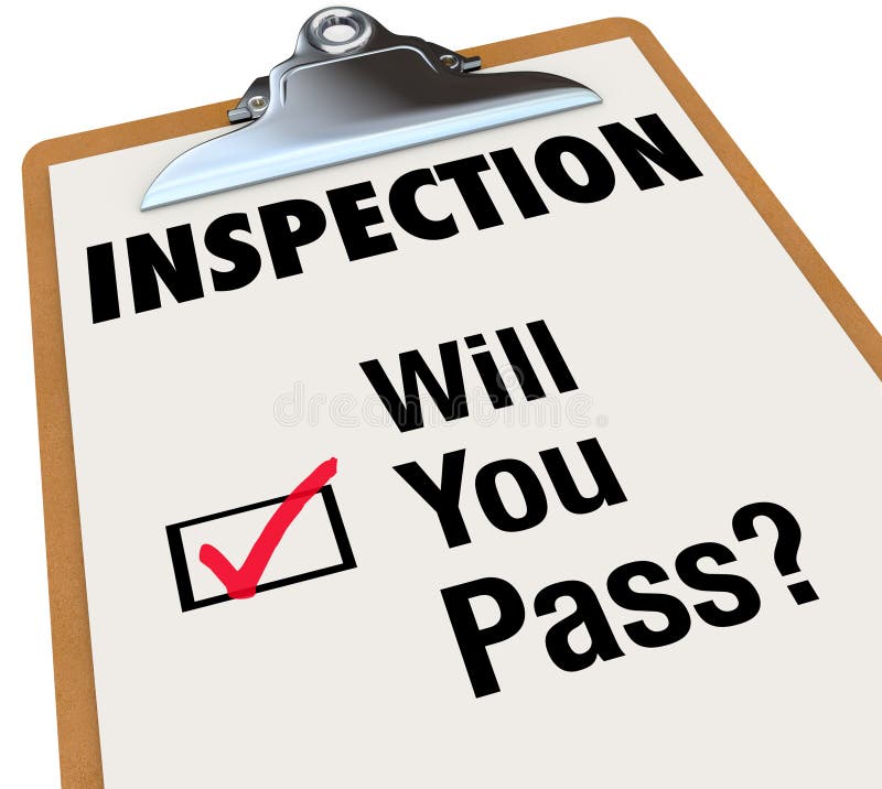 The word Inspection on a checklist attached to a clipboard, and words for the question Will You Pass? and a checkbox with red check mark indicating you have been approved or accepted or passed a test. The word Inspection on a checklist attached to a clipboard, and words for the question Will You Pass? and a checkbox with red check mark indicating you have been approved or accepted or passed a test